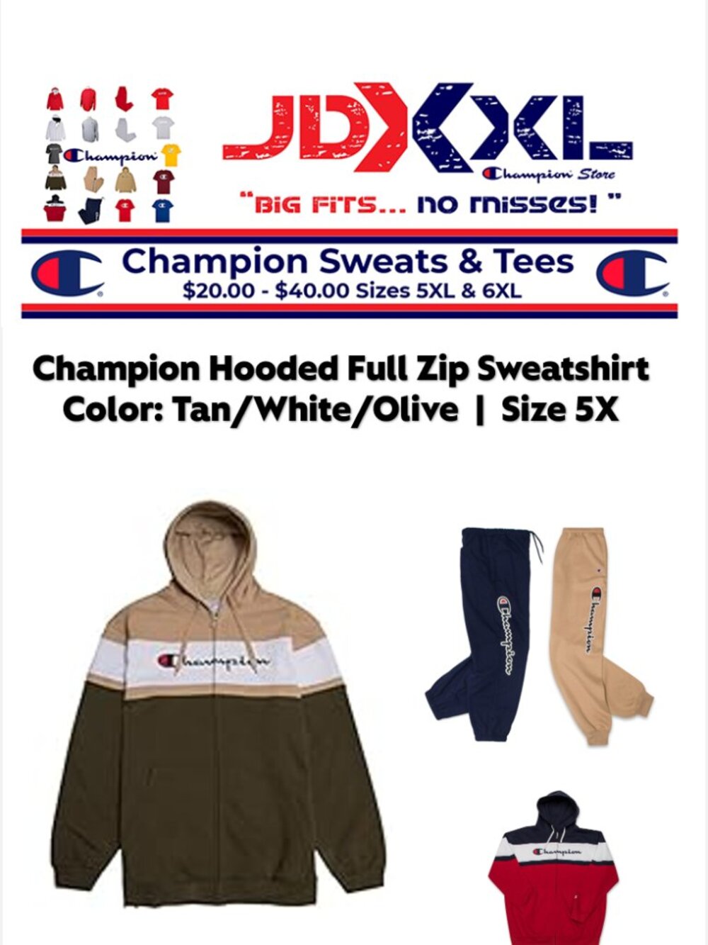 Champion full zip hooded sweatshirt | Color White tan olive | size 5XL